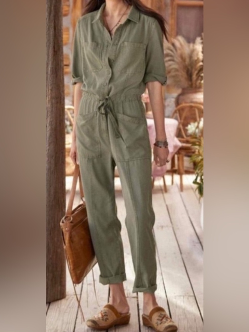 Sundance Utility Drawstring Jumpsuit in Olive Green, size Medium